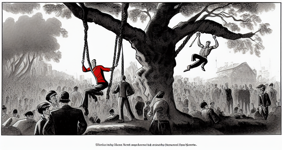 two men swinging through the trees as onlookers gaze upon them. One of them men stands out as having a bright red shirt.